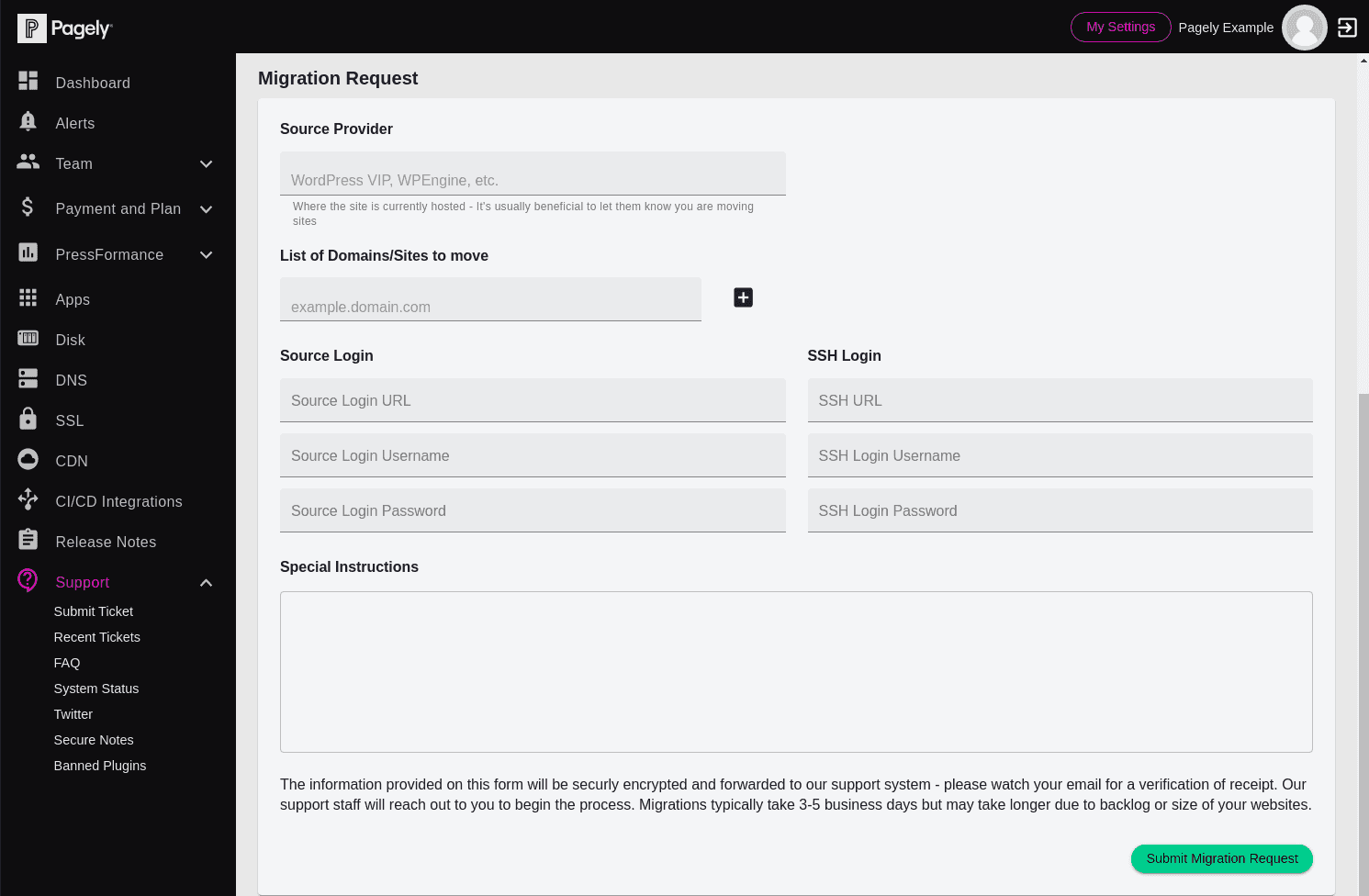 WordPress site migration form screenshot