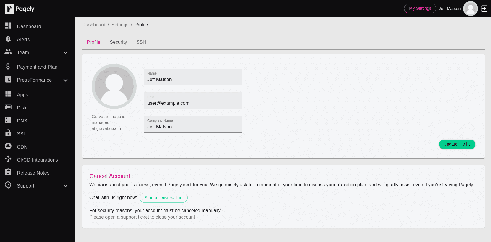 Atomic Account Settings page Profile tab screenshot