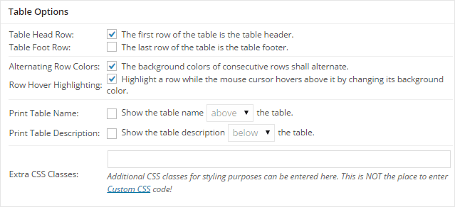 TablePress Options