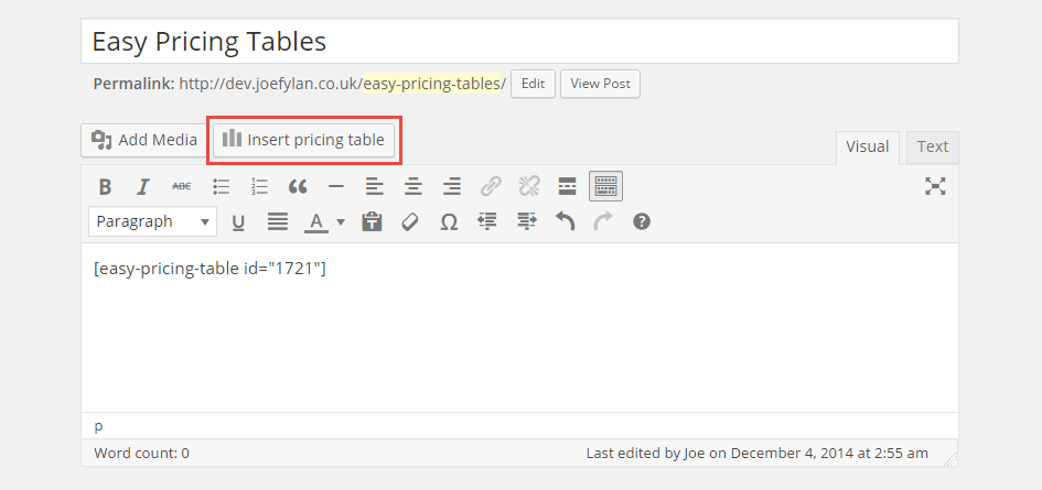 Insert Pricing Table