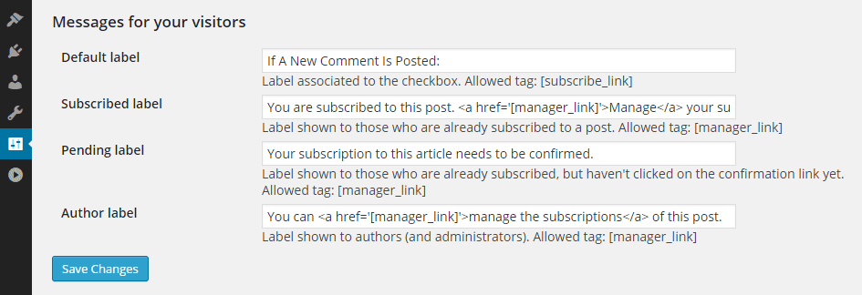 Subscribe to Comments Message Settings