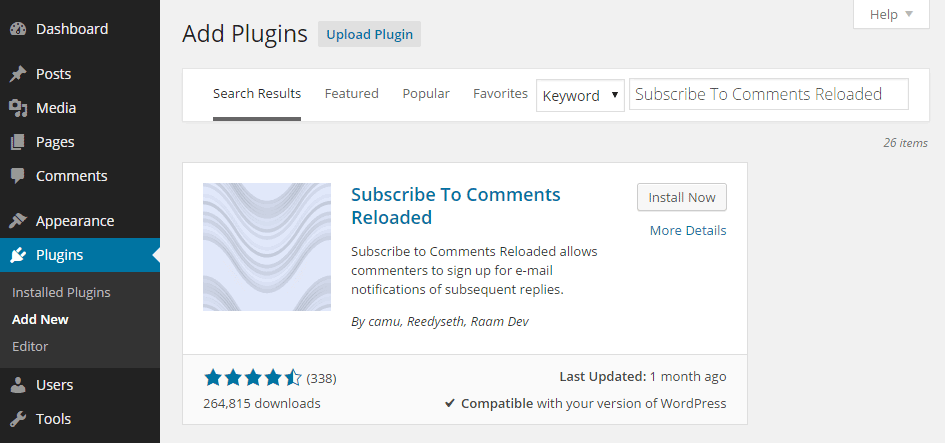 Subscribe to Comments Reloaded Add Plugin