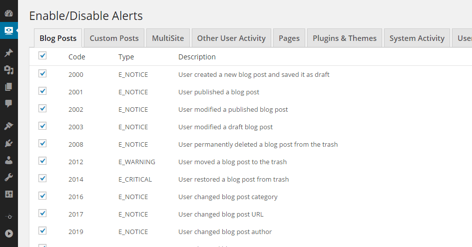 WP Security Audit Log Enable Disable Alerts