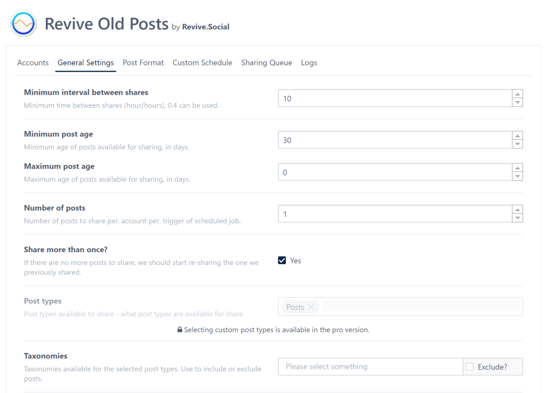 Revive Old Posts Settings