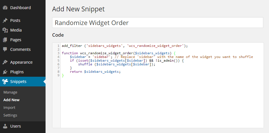 Add New Code Snippet