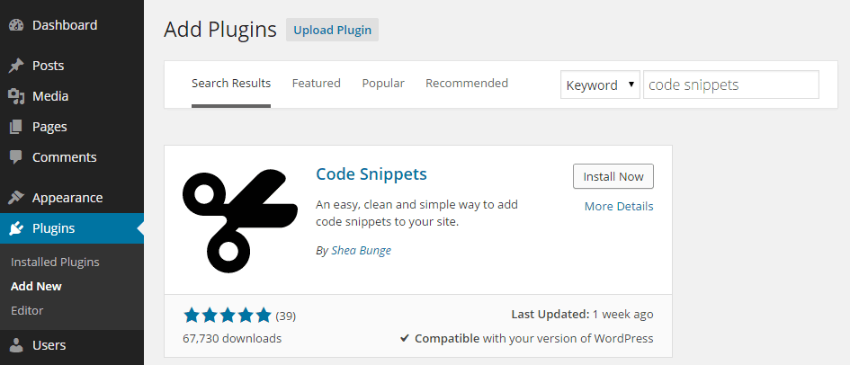 Add Code Snippets Plugin