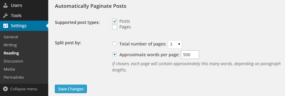 Pagination Plugin Settings