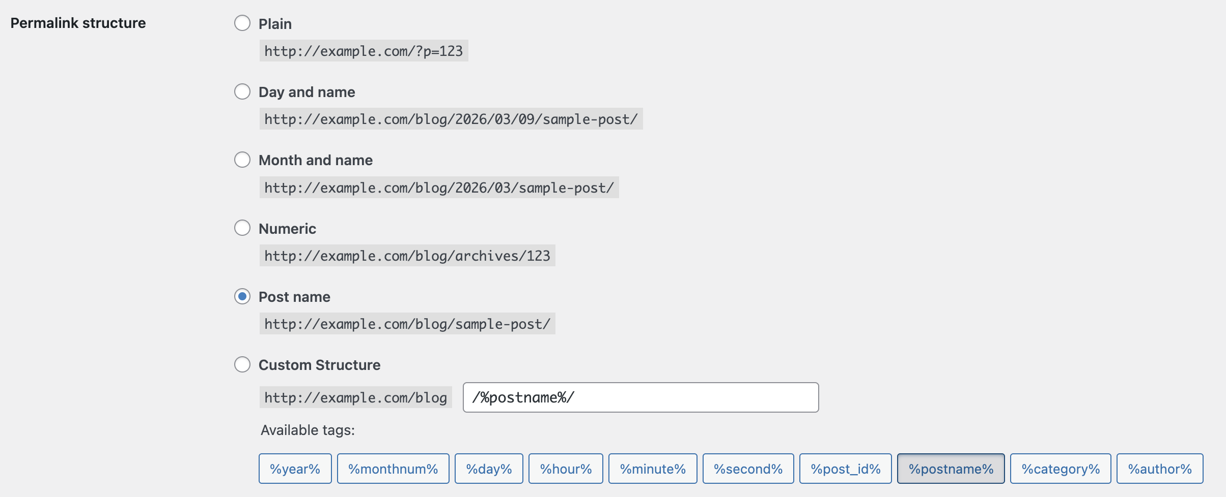 select permalink structure