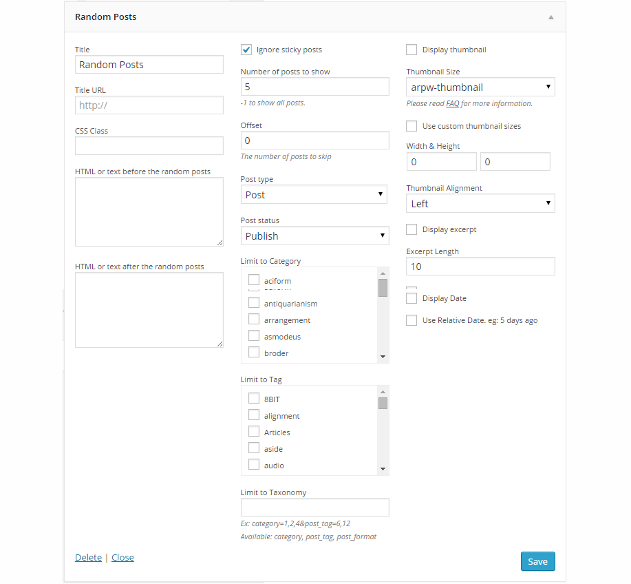 Advanced Random Posts Widget Settings