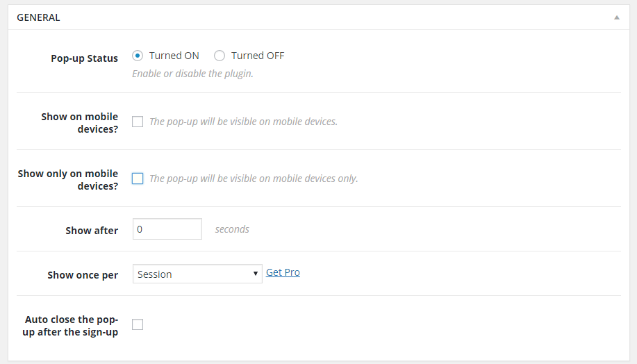 PopUp CC General Settings