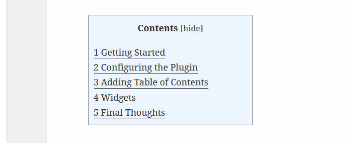 Table of Contents screenshot