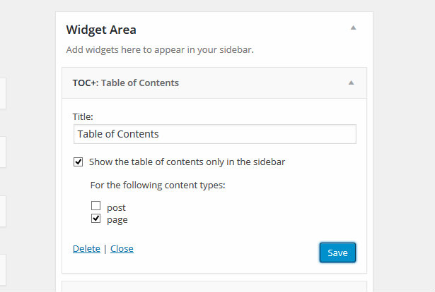 Table of Contents widget setup