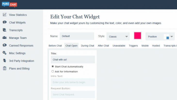 Live Chat Customization Screen