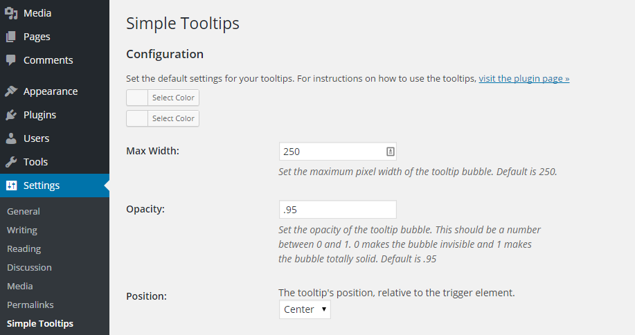 Simple Tooltips Settings Page