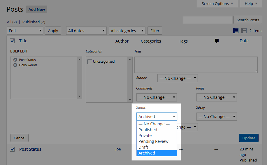 Archived Post Status Bulk Edit Status