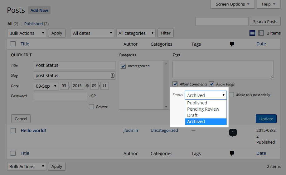 Archived Post Status Quick Edit