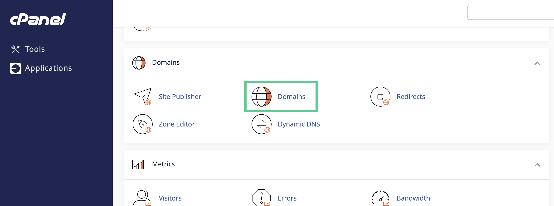 cPanel domains section