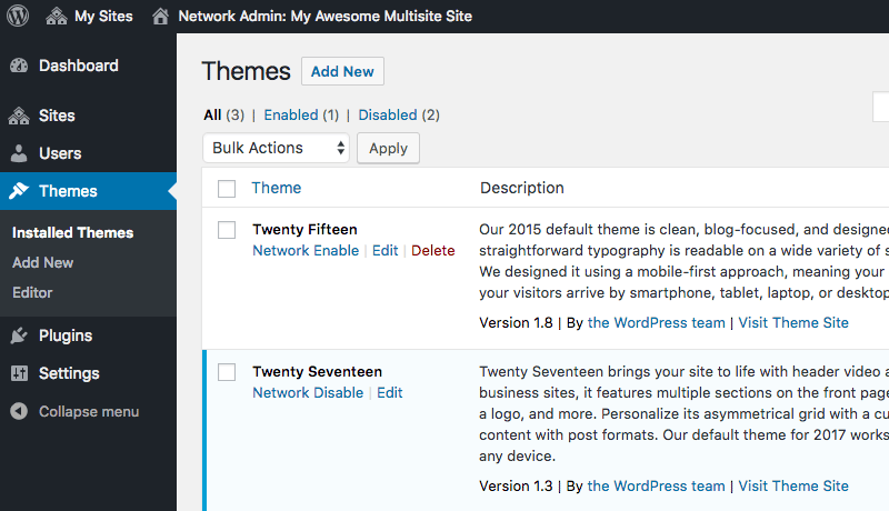 Adding a new theme to a WordPress multisite network