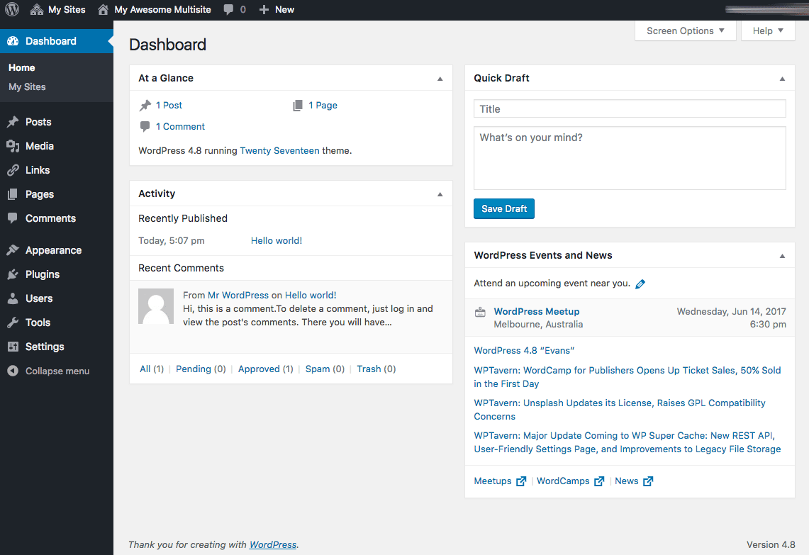 WordPress multisite dashboard.