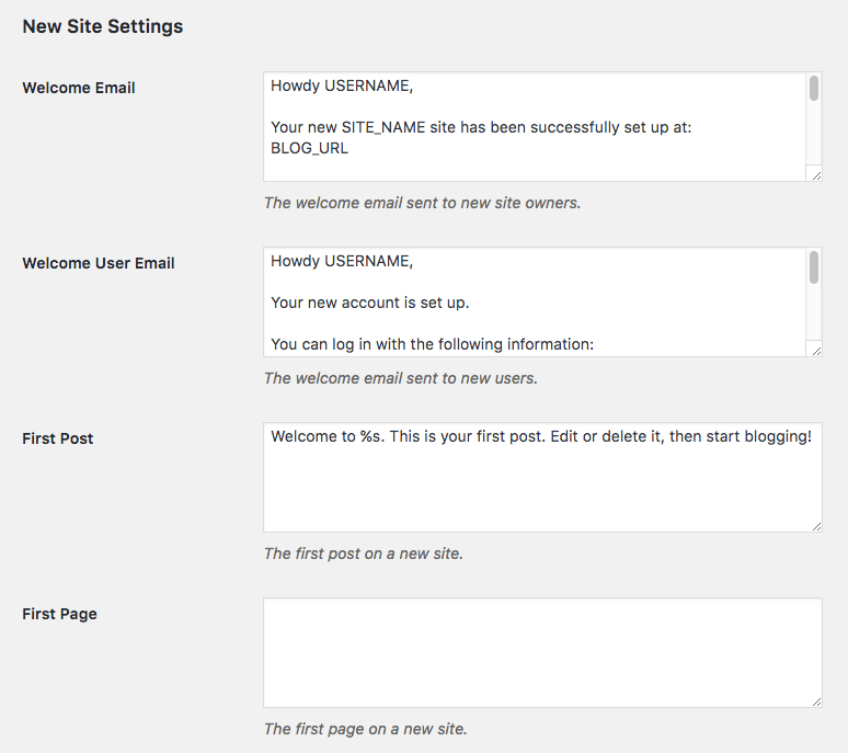 Multisite new site settings