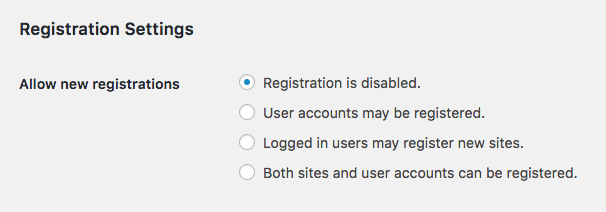 WordPress multisite registration settings