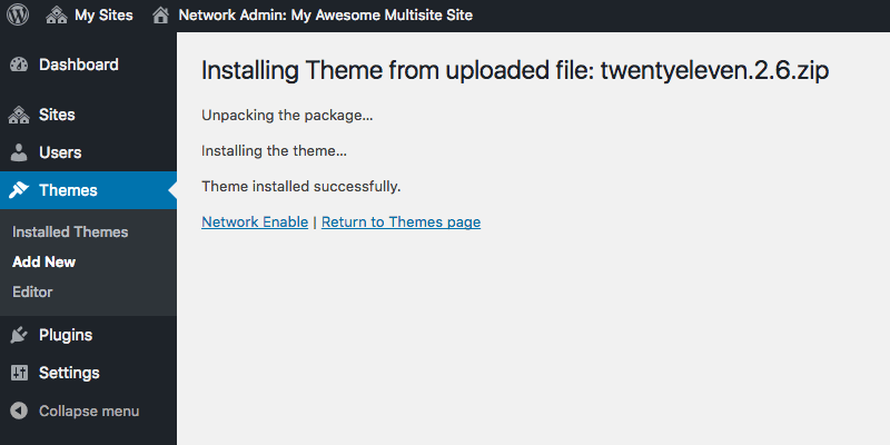 Network enabling a new theme in WordPress multisite.