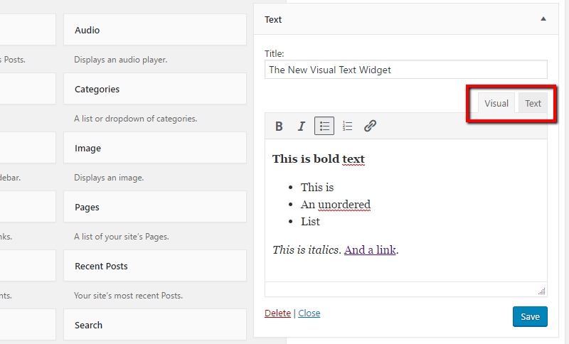 wordpress 4.8 new visual text widget