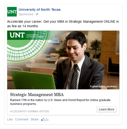 University of North Texas Facebook ad