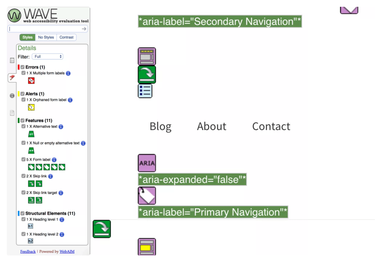 Image of WAVE Accessibility Testing Tool on a WordPress Website