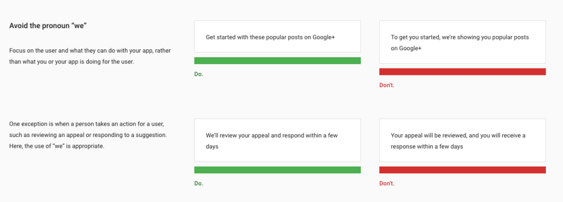 Google Material Design avoid pronoun "we"