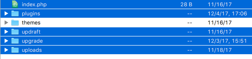 Folders highlighted, apart from the themes folder.