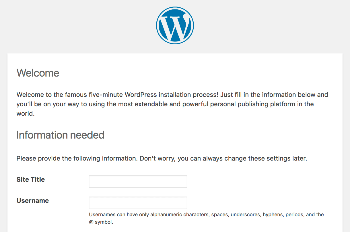 The WordPress installation screen.