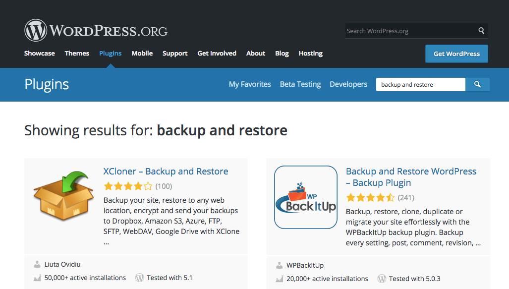 A search performed for backup and restore plugins for WordPress, essential tools any business continuity plan.