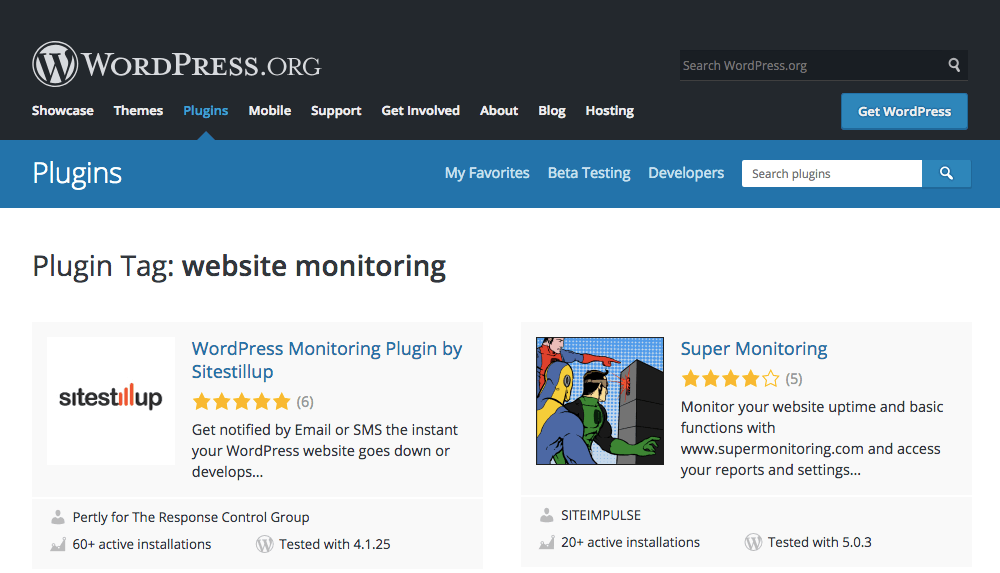 A screenshot a WordPress plugin search for "website monitoring" and top results. Automated website monitoring is a vital service for disaster planning.