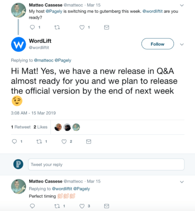 A Pagely customer uses Twitter to communicate questions to WordLift. 