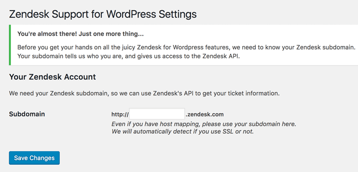 A screenshot of a typical Zendesk setup page within WordPress, offering a user easy access to customer support solutions