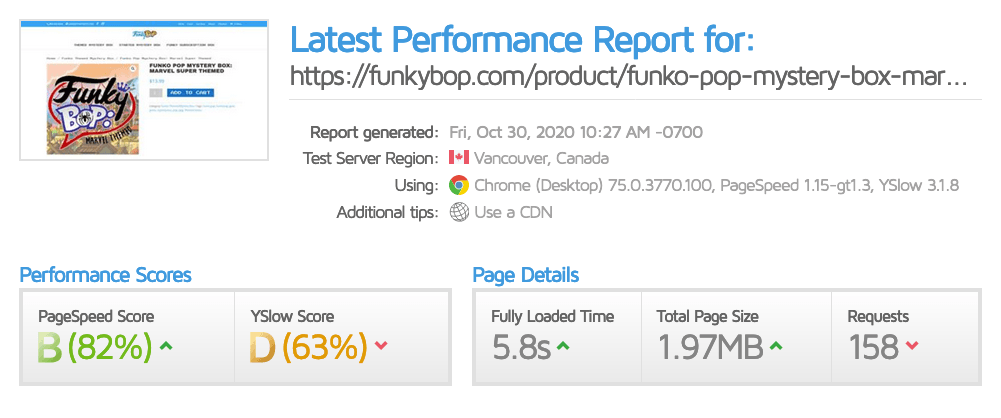 Single product page performance screenshot