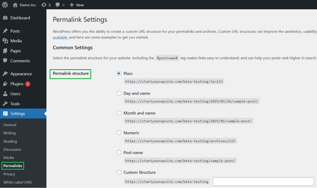 WordPress permalink settings