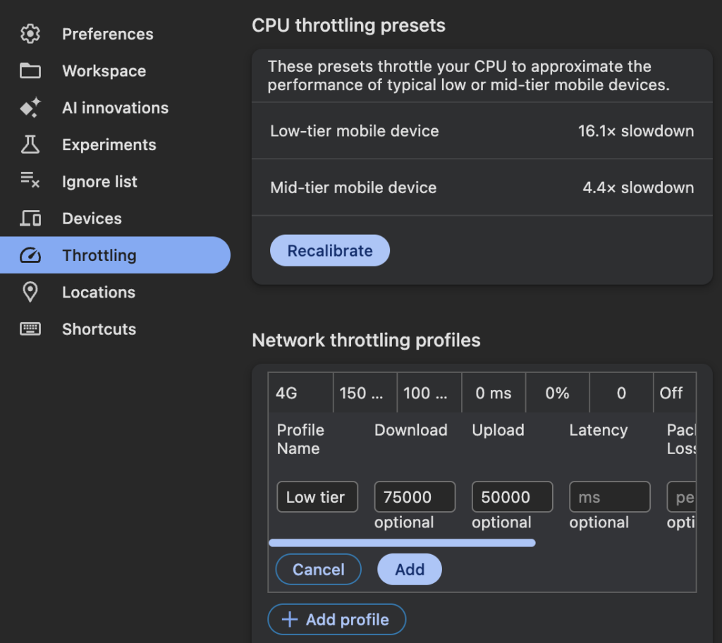 Throttling profiles in Chrome DevTools