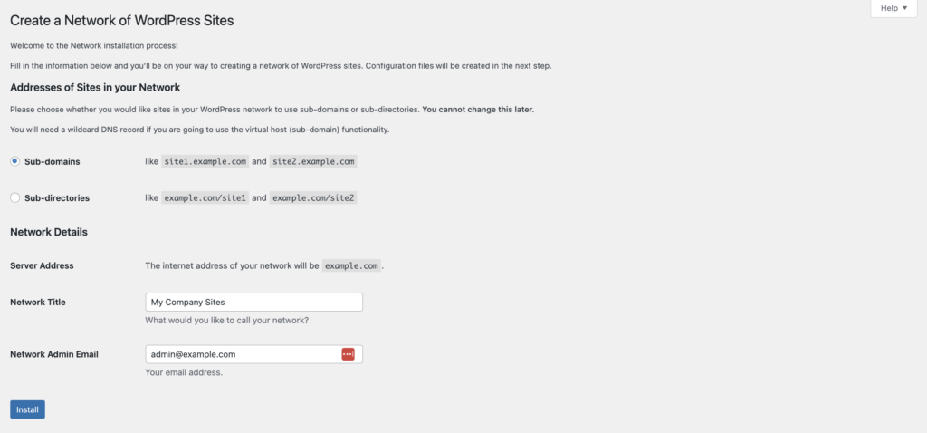 Provide WordPress network details